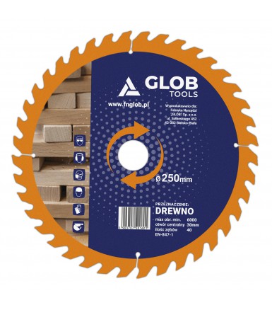 GLOB Circular saw blade TCT for cutting wood 250mm / 30mm with a reduction of 25.4mm - 40t for miter saws